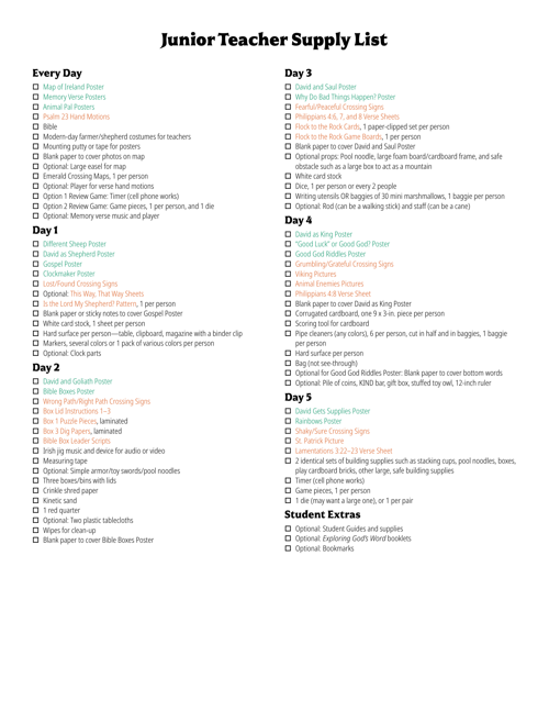 Junior Teacher Supply List
